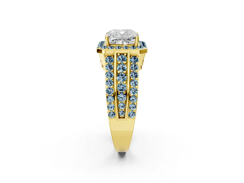 Yellow gold Cushion Cut Halo Diamond Ring with Round with Aquamarine side stone Split Shank and Prong Setting_2