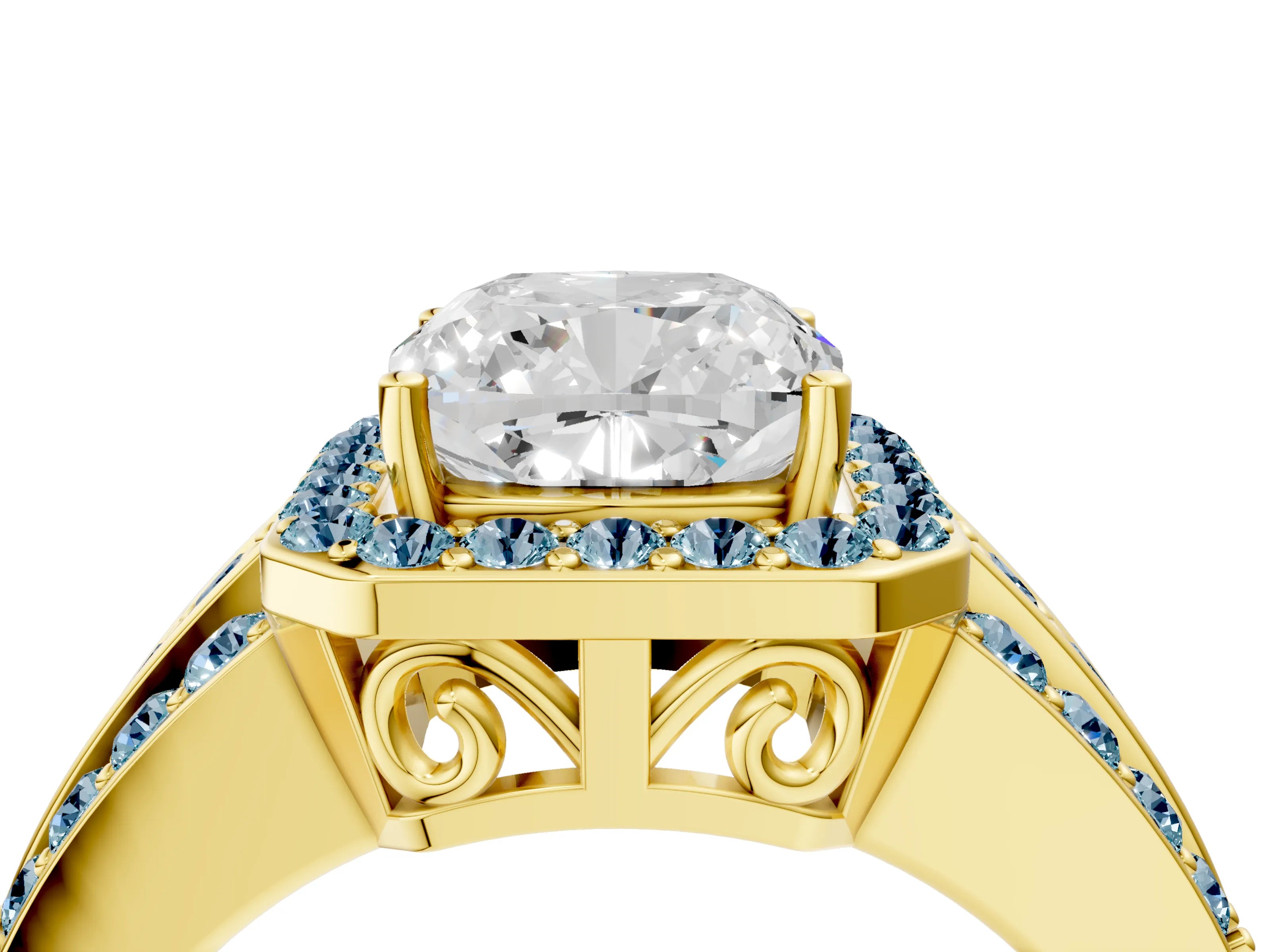 Yellow gold Cushion Cut Halo Diamond Ring with Round with Aquamarine side stone Split Shank and Prong Setting_4