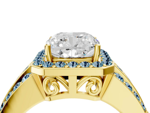 Yellow gold Cushion Cut Halo Diamond Ring with Round with Aquamarine side stone Split Shank and Prong Setting_4