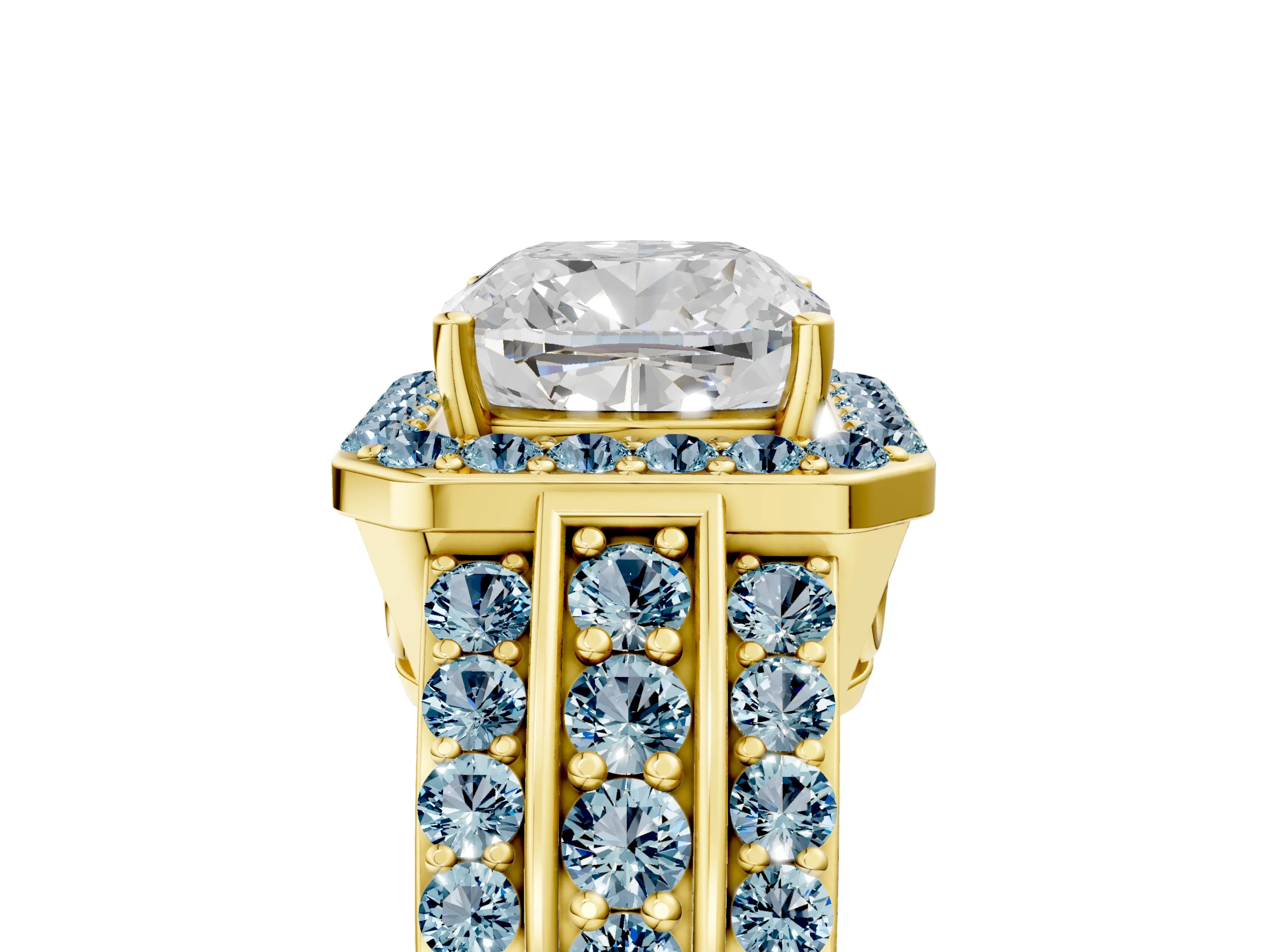 Yellow gold Cushion Cut Halo Diamond Ring with Round with Aquamarine side stone Split Shank and Prong Setting_5