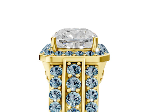Yellow gold Cushion Cut Halo Diamond Ring with Round with Aquamarine side stone Split Shank and Prong Setting_5