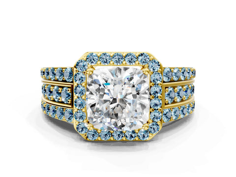 Yellow gold Cushion Cut Halo Diamond Ring with Round with Aquamarine side stone Split Shank and Prong Setting
