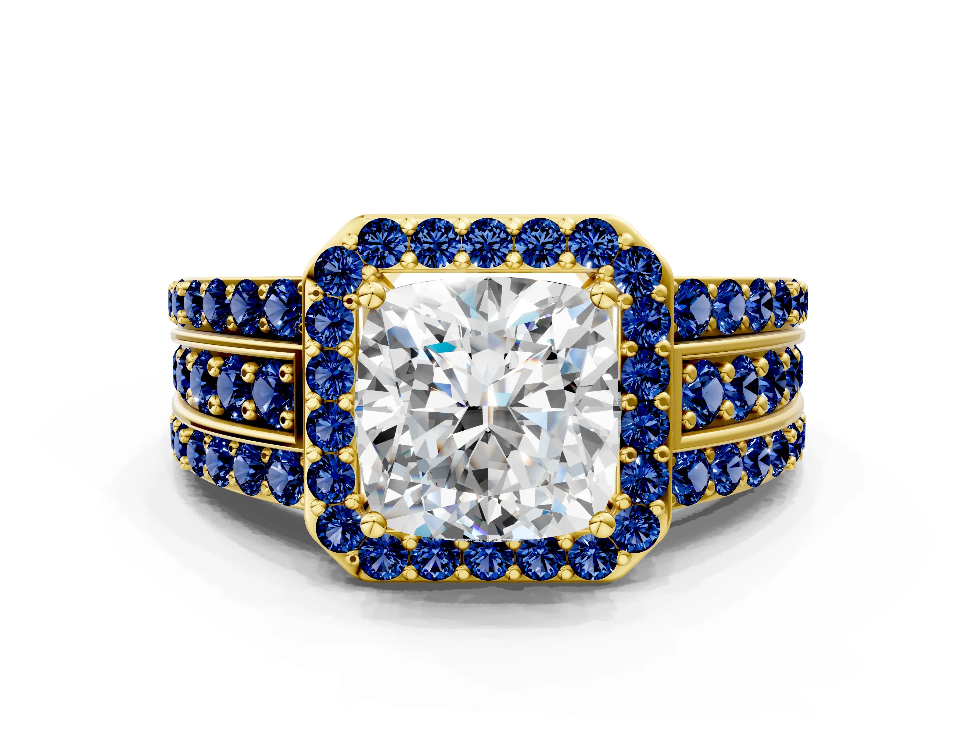 Yellow gold Cushion Cut Halo Diamond Ring with Round with Blue Sapphire side stone Split Shank and Prong Setting