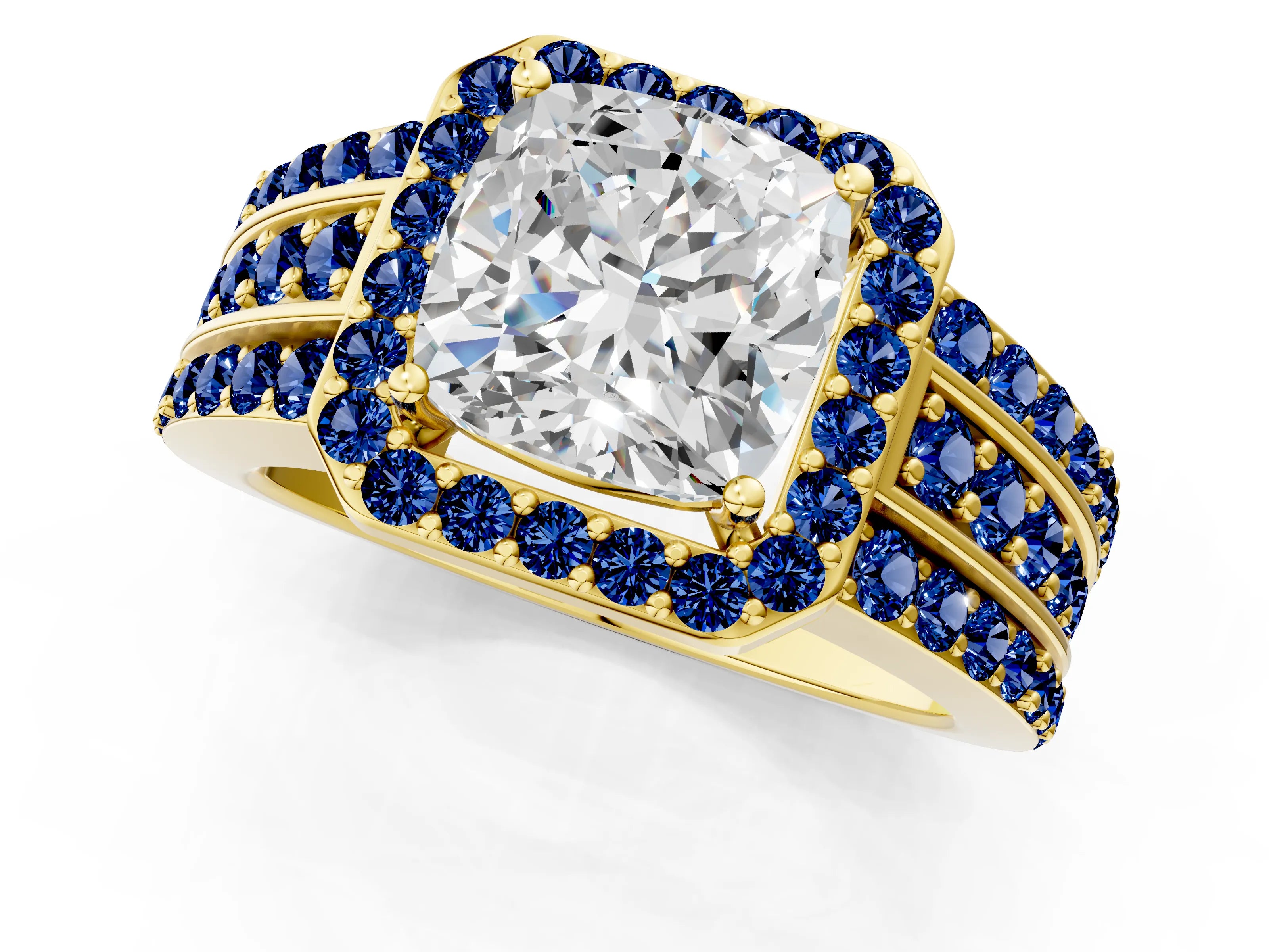 Yellow gold Cushion Cut Halo Diamond Ring with Round with Blue Sapphire side stone Split Shank and Prong Setting_1