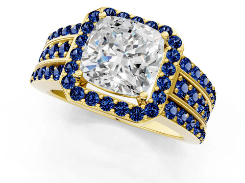 Yellow gold Cushion Cut Halo Diamond Ring with Round with Blue Sapphire side stone Split Shank and Prong Setting_1