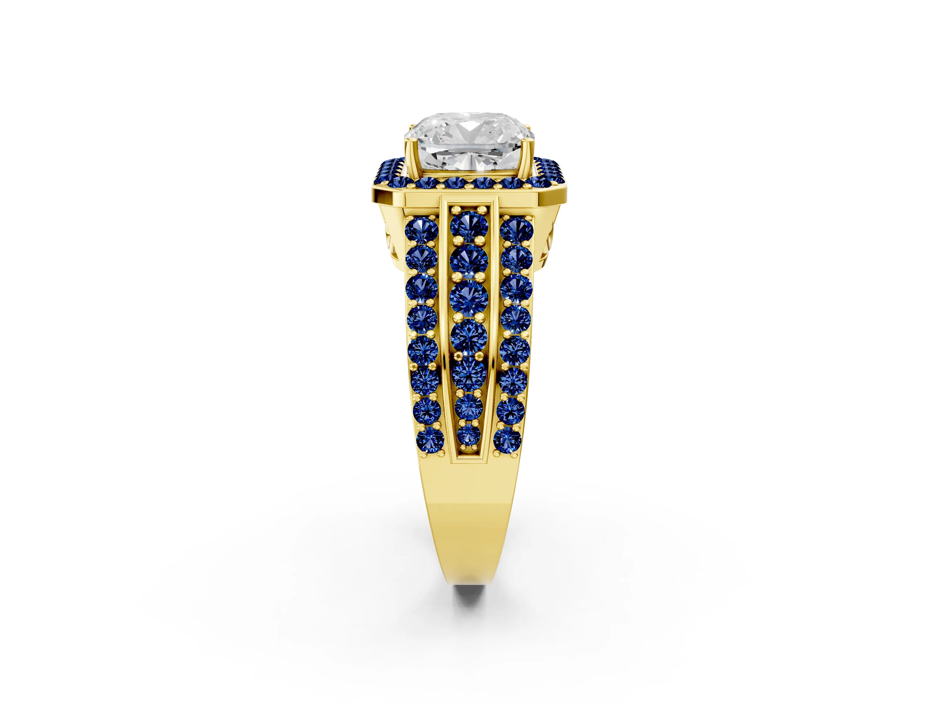 Yellow gold Cushion Cut Halo Diamond Ring with Round with Blue Sapphire side stone Split Shank and Prong Setting_2