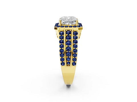 Yellow gold Cushion Cut Halo Diamond Ring with Round with Blue Sapphire side stone Split Shank and Prong Setting_2
