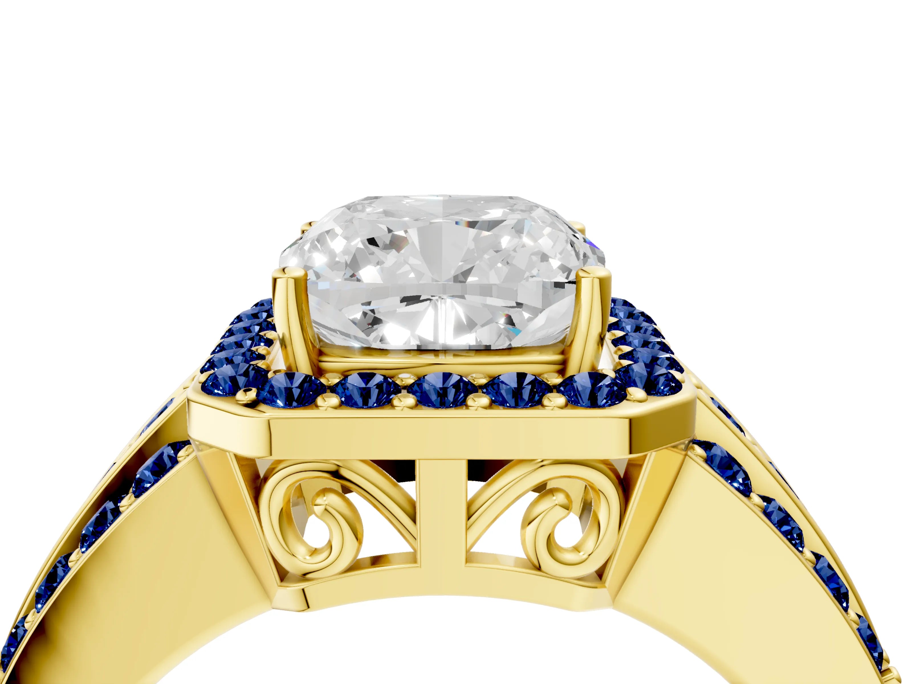Yellow gold Cushion Cut Halo Diamond Ring with Round with Blue Sapphire side stone Split Shank and Prong Setting_4