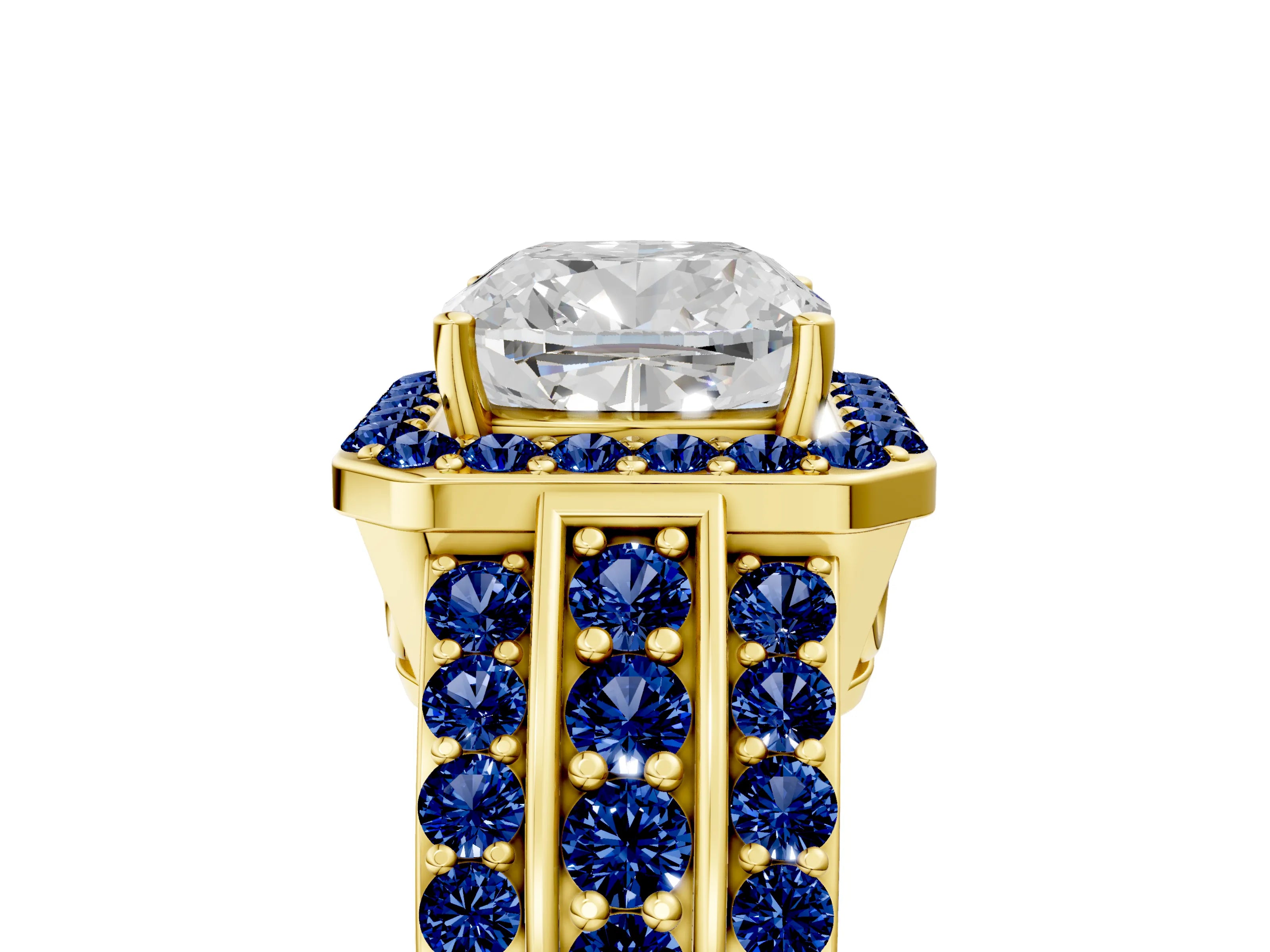 Yellow gold Cushion Cut Halo Diamond Ring with Round with Blue Sapphire side stone Split Shank and Prong Setting_5