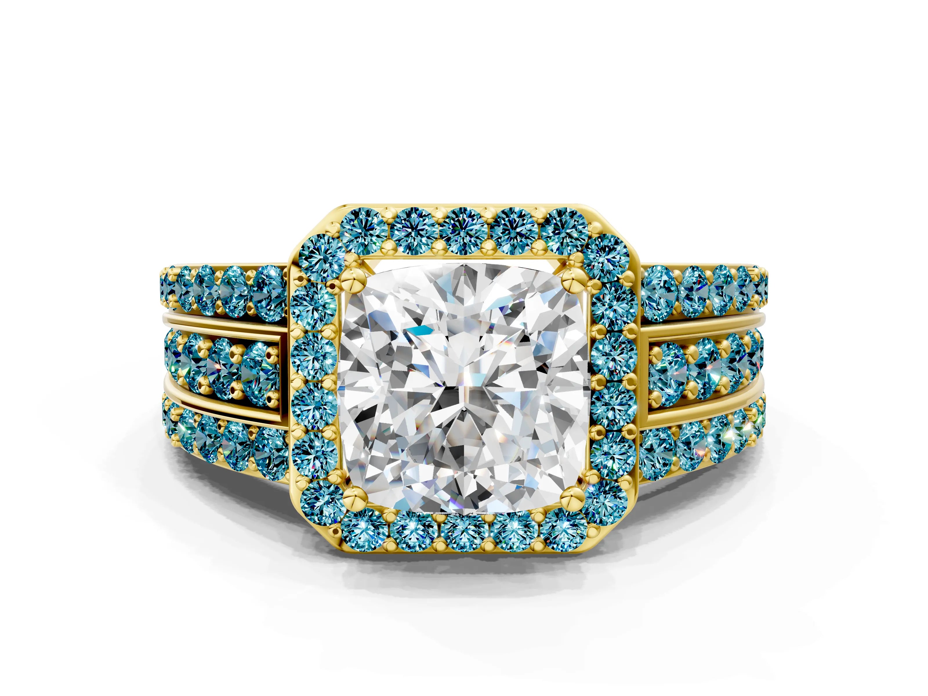 Yellow gold Cushion Cut Halo Diamond Ring with Round with Blue Topaz side stone Split Shank and Prong Setting