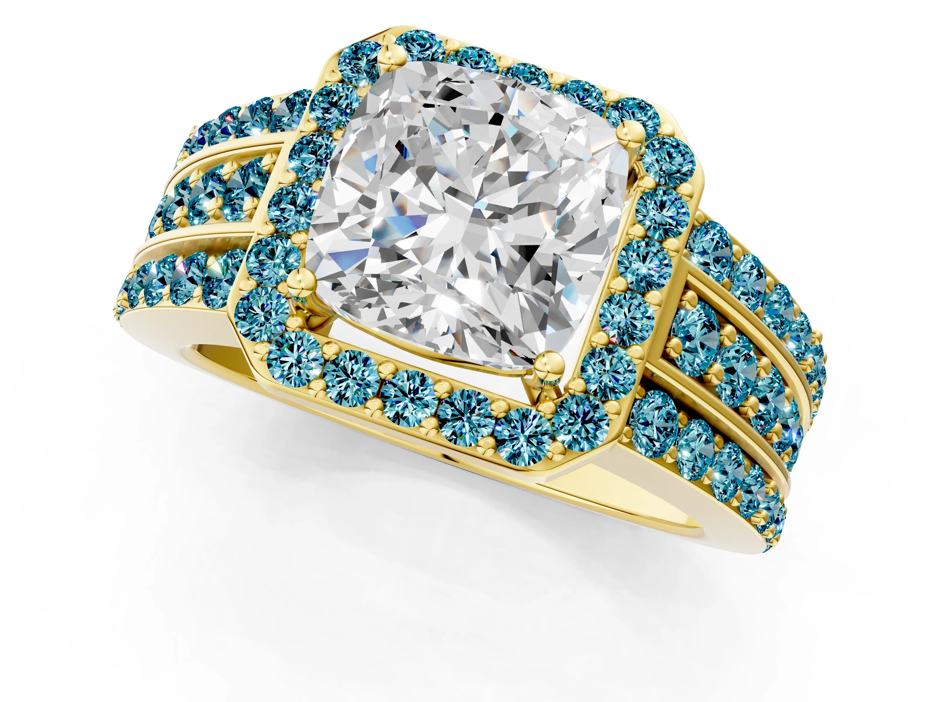 Yellow gold Cushion Cut Halo Diamond Ring with Round with Blue Topaz side stone Split Shank and Prong Setting_1