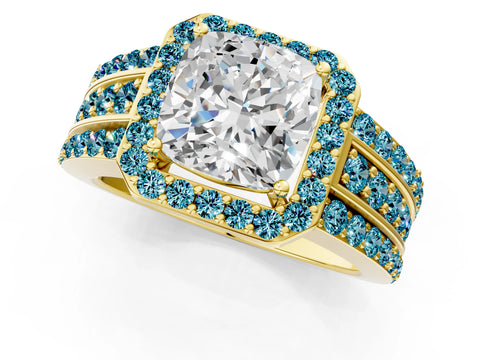 Yellow gold Cushion Cut Halo Diamond Ring with Round with Blue Topaz side stone Split Shank and Prong Setting_1