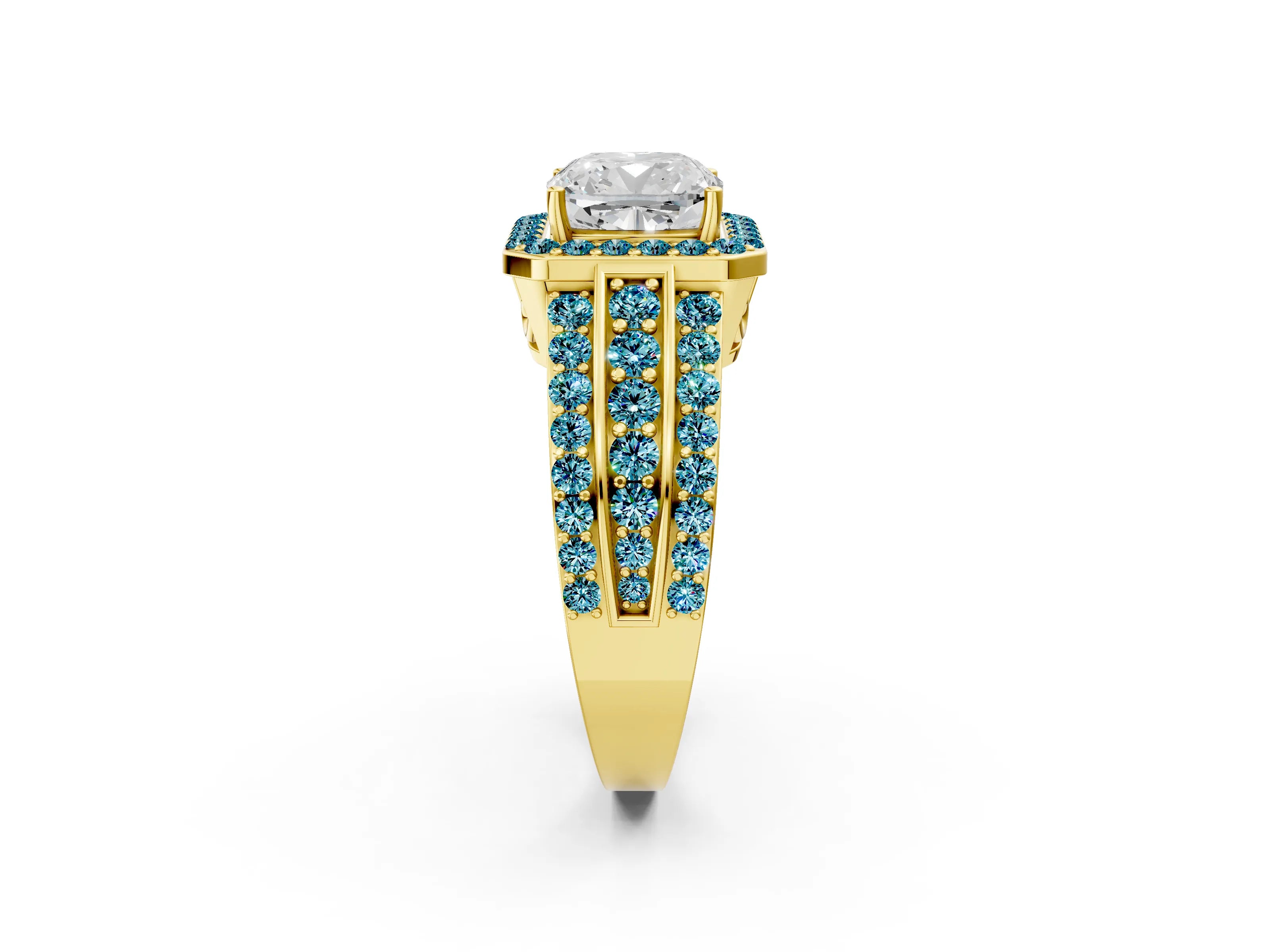 Yellow gold Cushion Cut Halo Diamond Ring with Round with Blue Topaz side stone Split Shank and Prong Setting_2