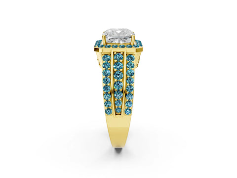 Yellow gold Cushion Cut Halo Diamond Ring with Round with Blue Topaz side stone Split Shank and Prong Setting_2