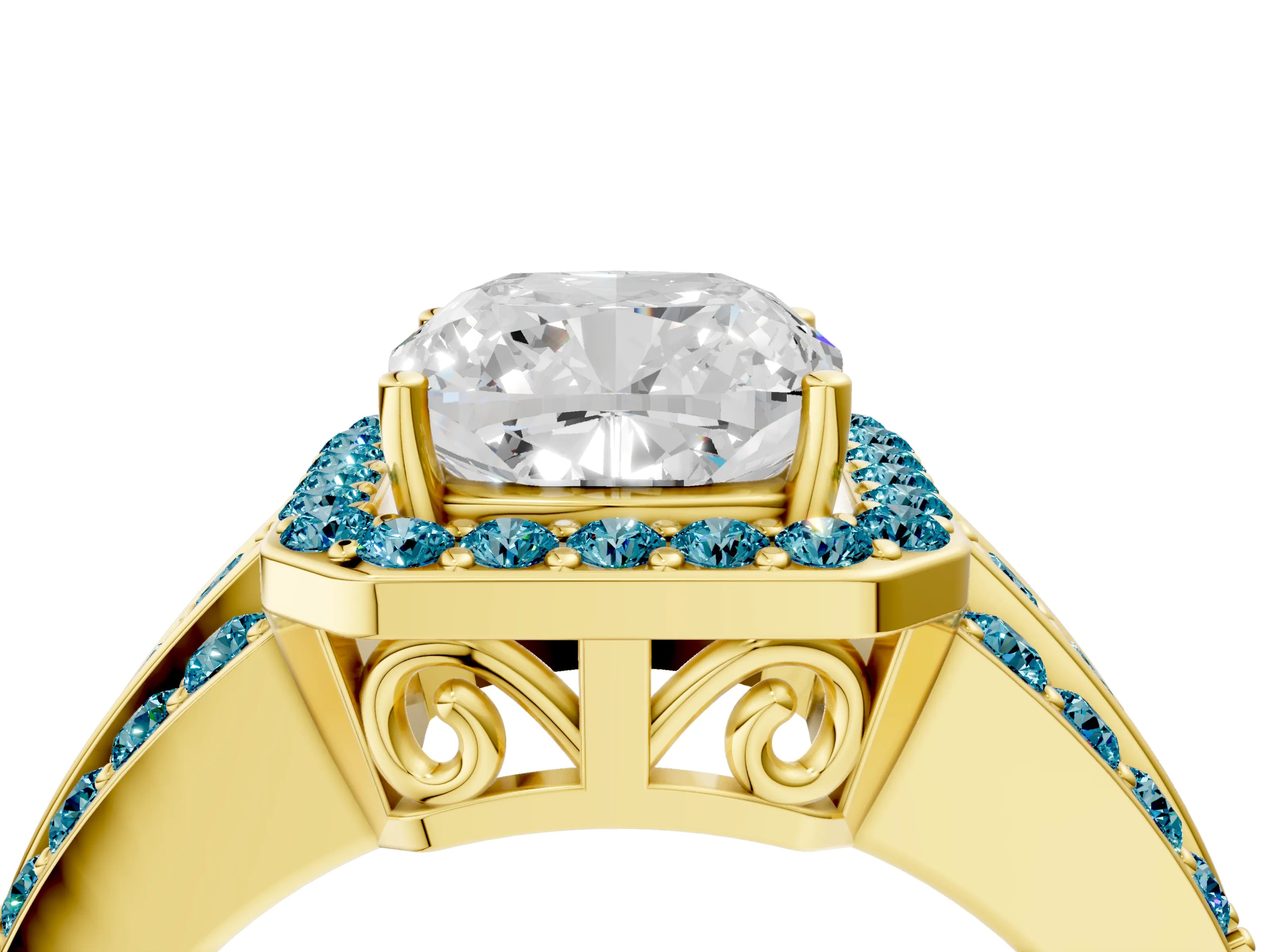 Yellow gold Cushion Cut Halo Diamond Ring with Round with Blue Topaz side stone Split Shank and Prong Setting_4