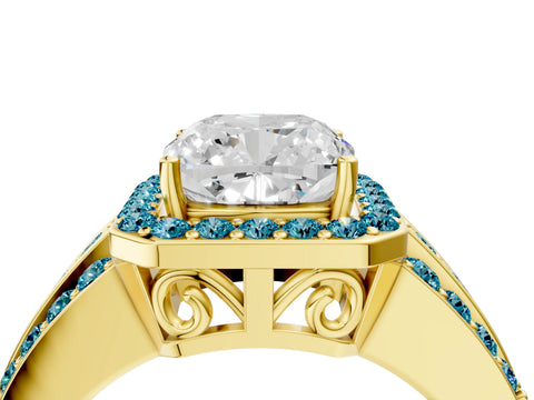 Yellow gold Cushion Cut Halo Diamond Ring with Round with Blue Topaz side stone Split Shank and Prong Setting_4