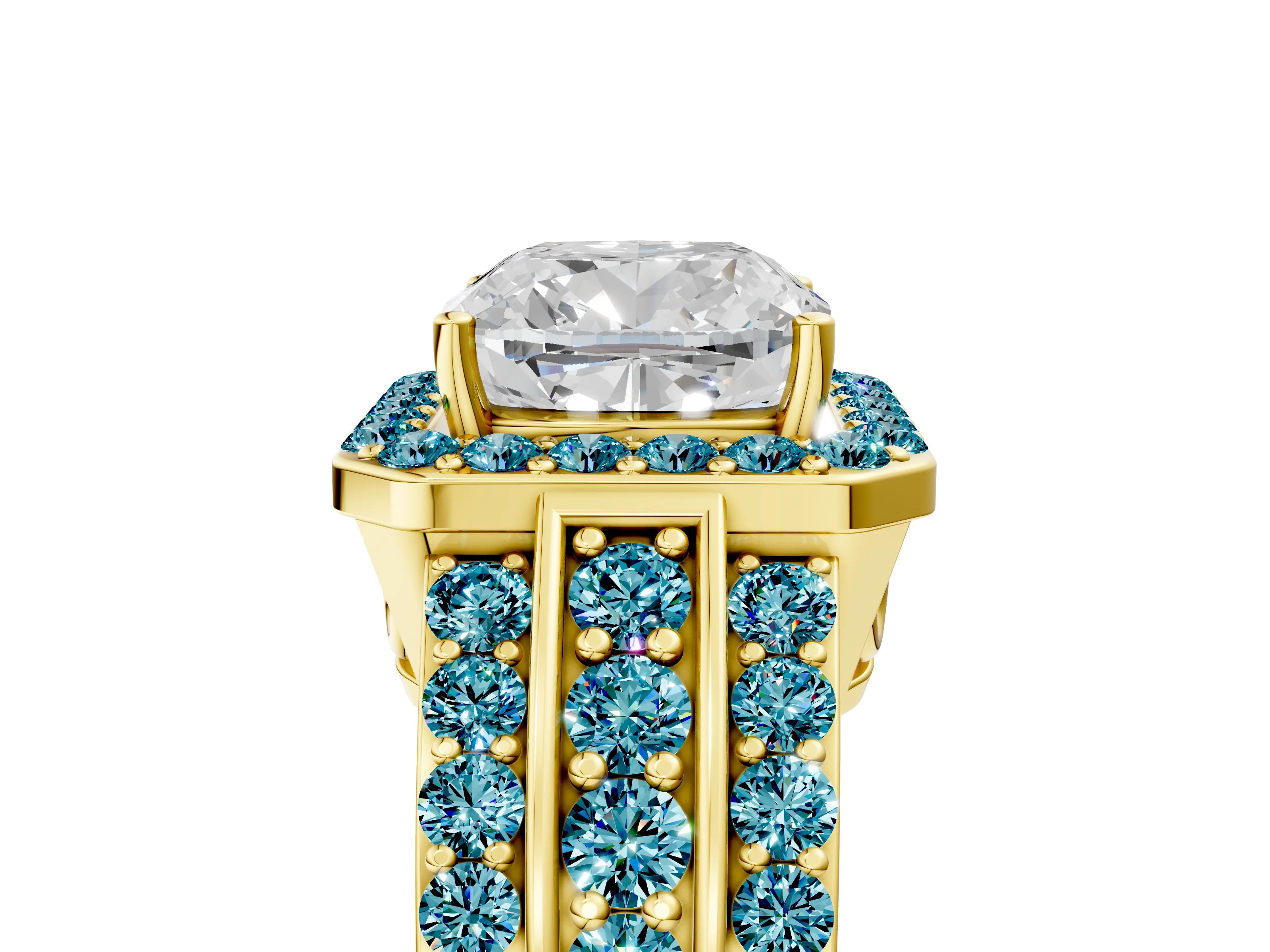 Yellow gold Cushion Cut Halo Diamond Ring with Round with Blue Topaz side stone Split Shank and Prong Setting_5