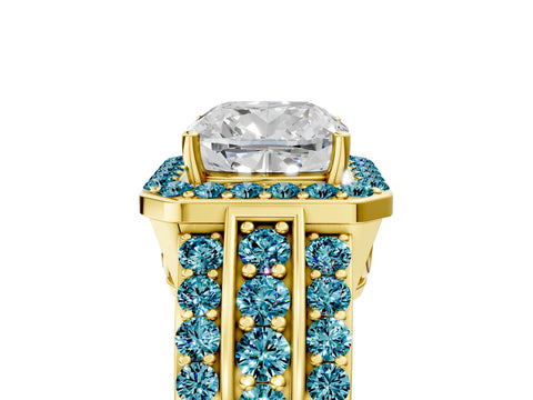Yellow gold Cushion Cut Halo Diamond Ring with Round with Blue Topaz side stone Split Shank and Prong Setting_5