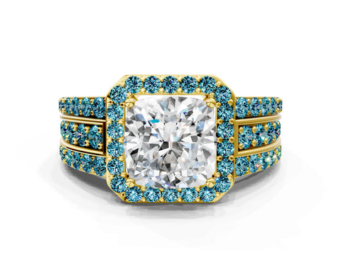 Yellow gold Cushion Cut Halo Diamond Ring with Round with Blue Topaz side stone Split Shank and Prong Setting