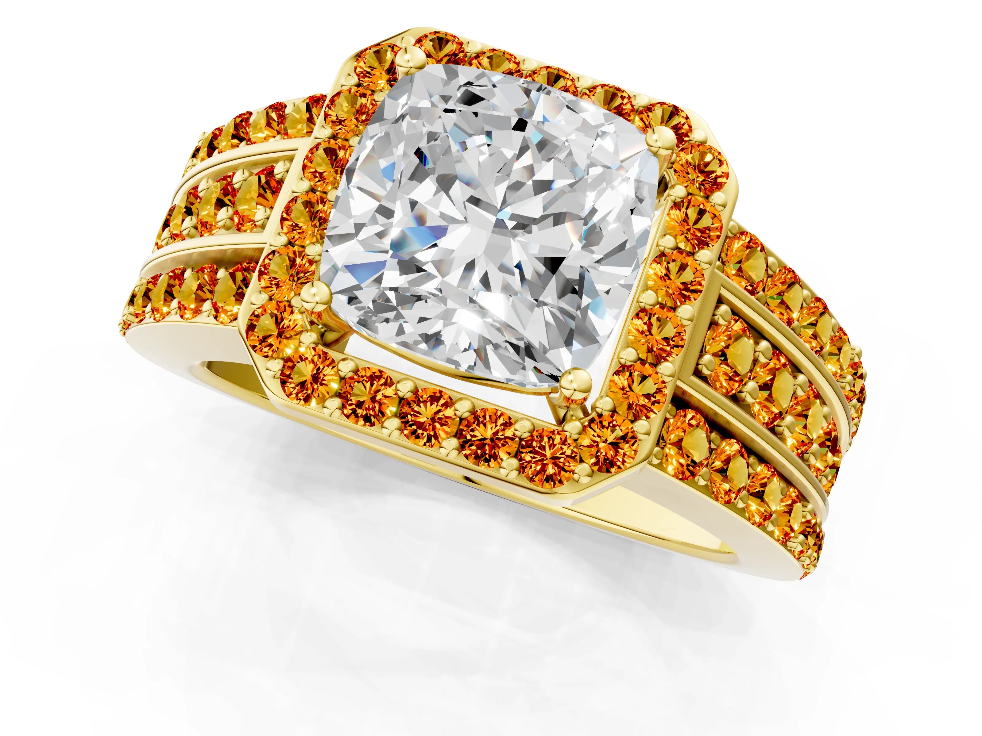 Yellow gold Cushion Cut Halo Diamond Ring with Round with Citrine side stone Split Shank and Prong Setting_1