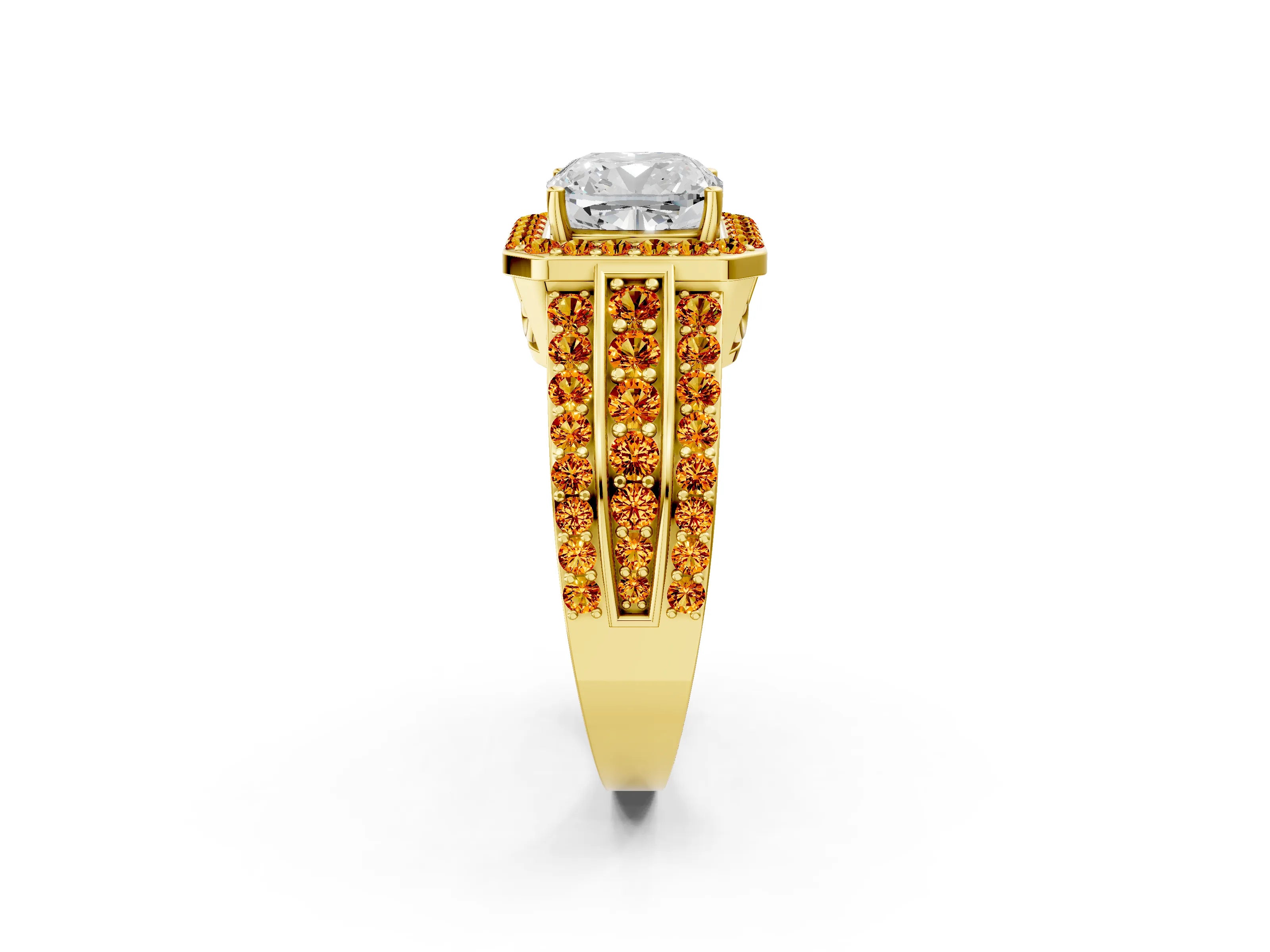 Yellow gold Cushion Cut Halo Diamond Ring with Round with Citrine side stone Split Shank and Prong Setting_2