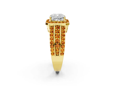 Yellow gold Cushion Cut Halo Diamond Ring with Round with Citrine side stone Split Shank and Prong Setting_2