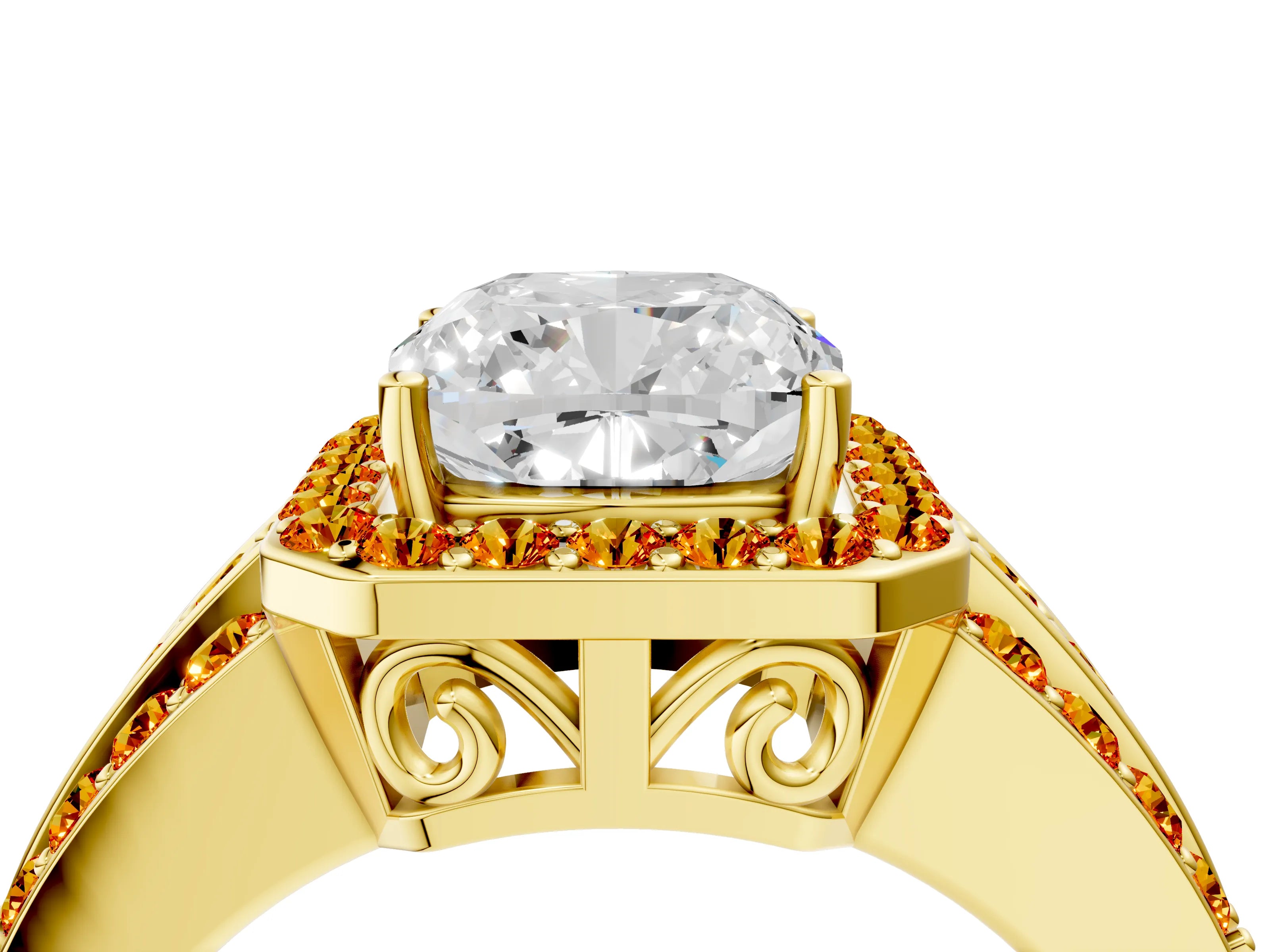 Yellow gold Cushion Cut Halo Diamond Ring with Round with Citrine side stone Split Shank and Prong Setting_4