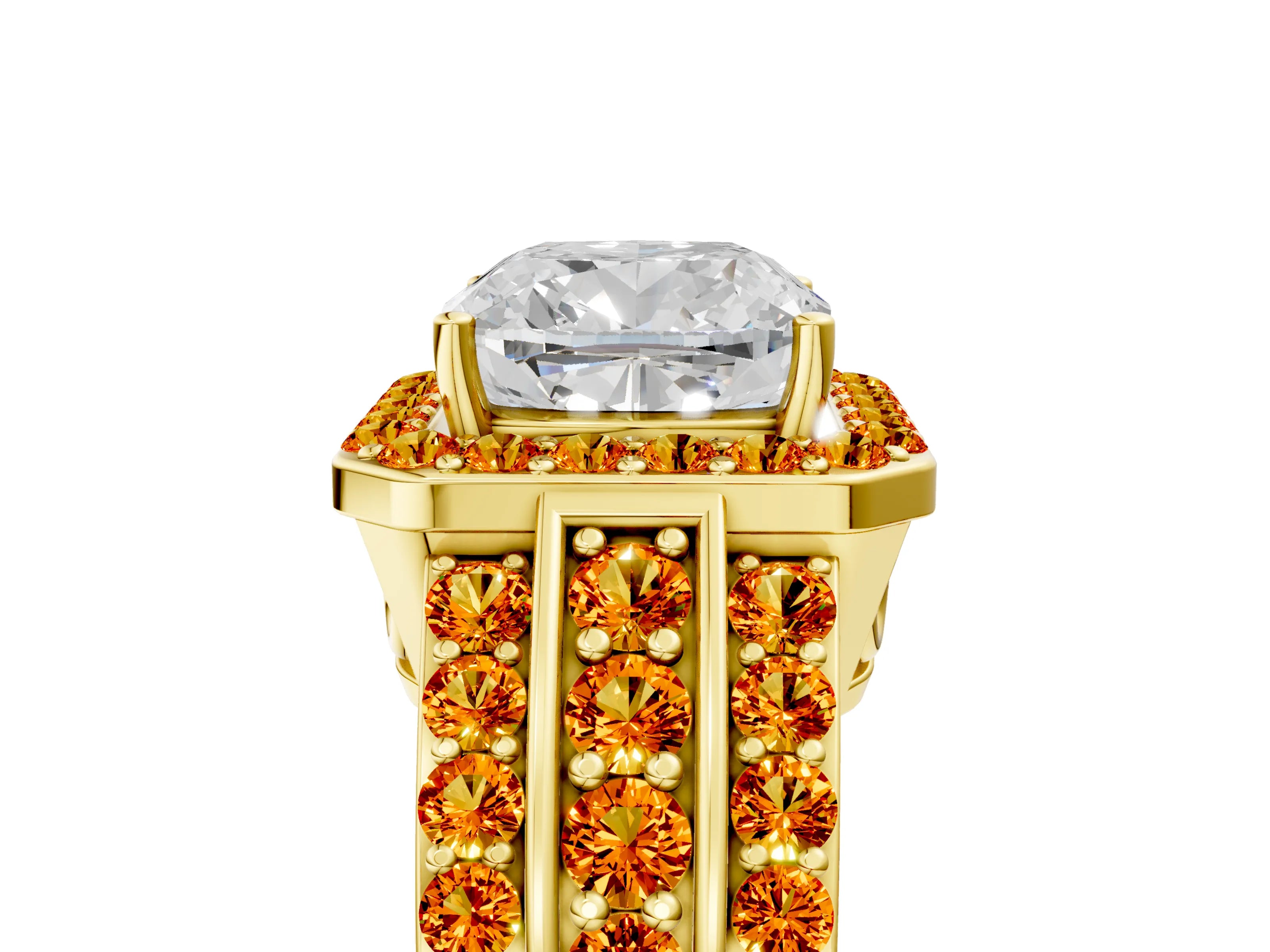 Yellow gold Cushion Cut Halo Diamond Ring with Round with Citrine side stone Split Shank and Prong Setting_5