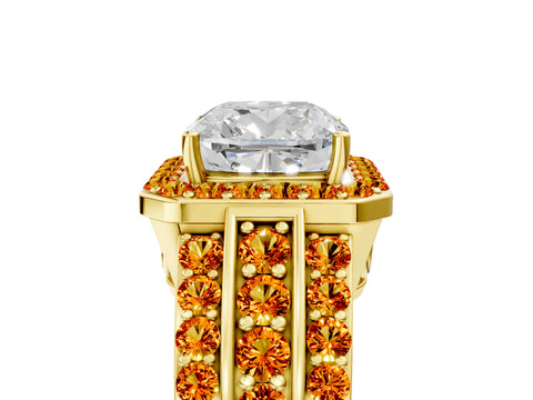 Yellow gold Cushion Cut Halo Diamond Ring with Round with Citrine side stone Split Shank and Prong Setting_5