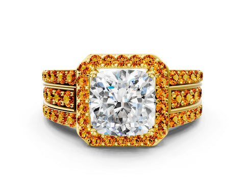 Yellow gold Cushion Cut Halo Diamond Ring with Round with Citrine side stone Split Shank and Prong Setting