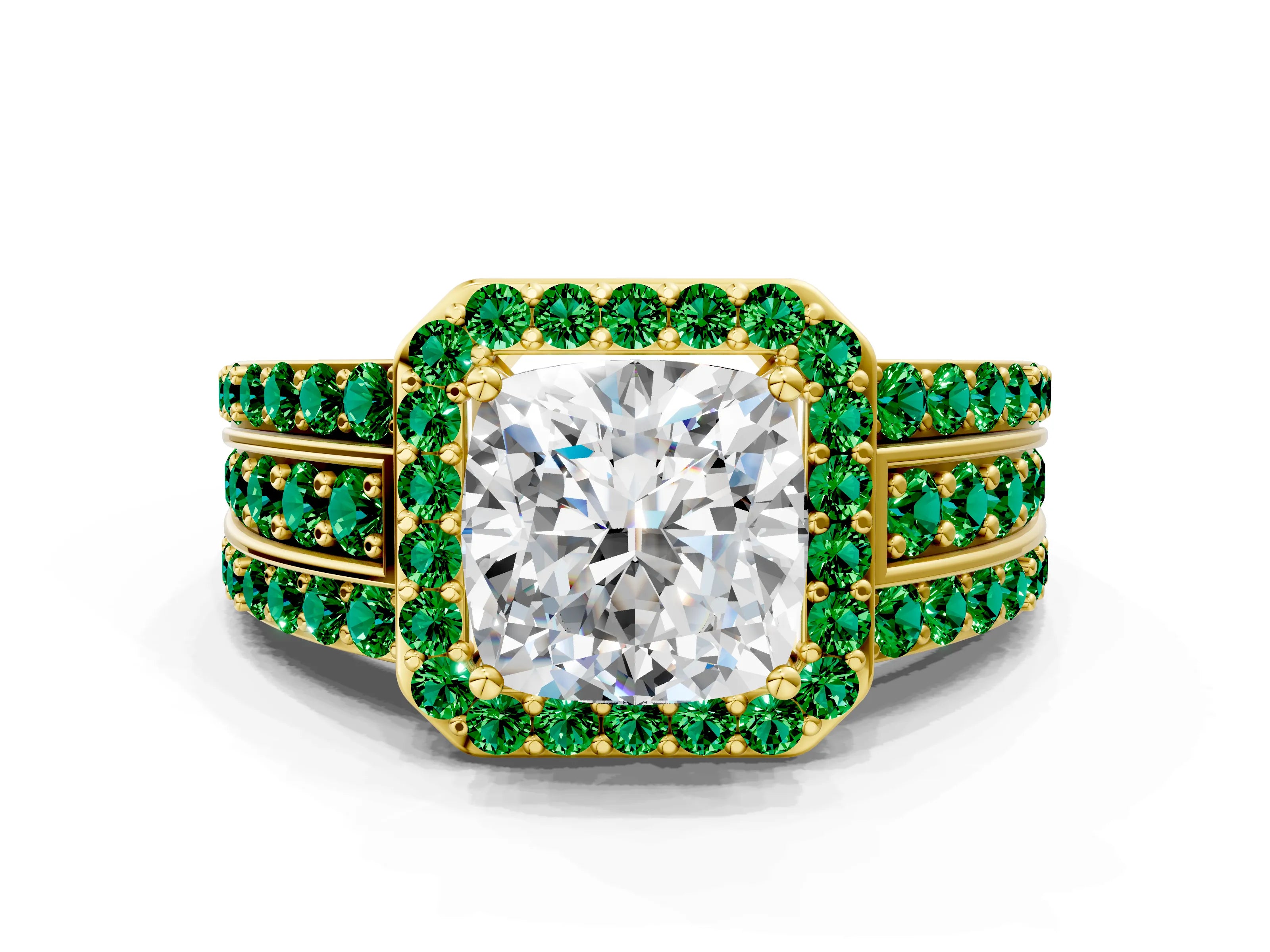 Yellow gold Cushion Cut Halo Diamond Ring with Round with Emerald side stone Split Shank and Prong Setting