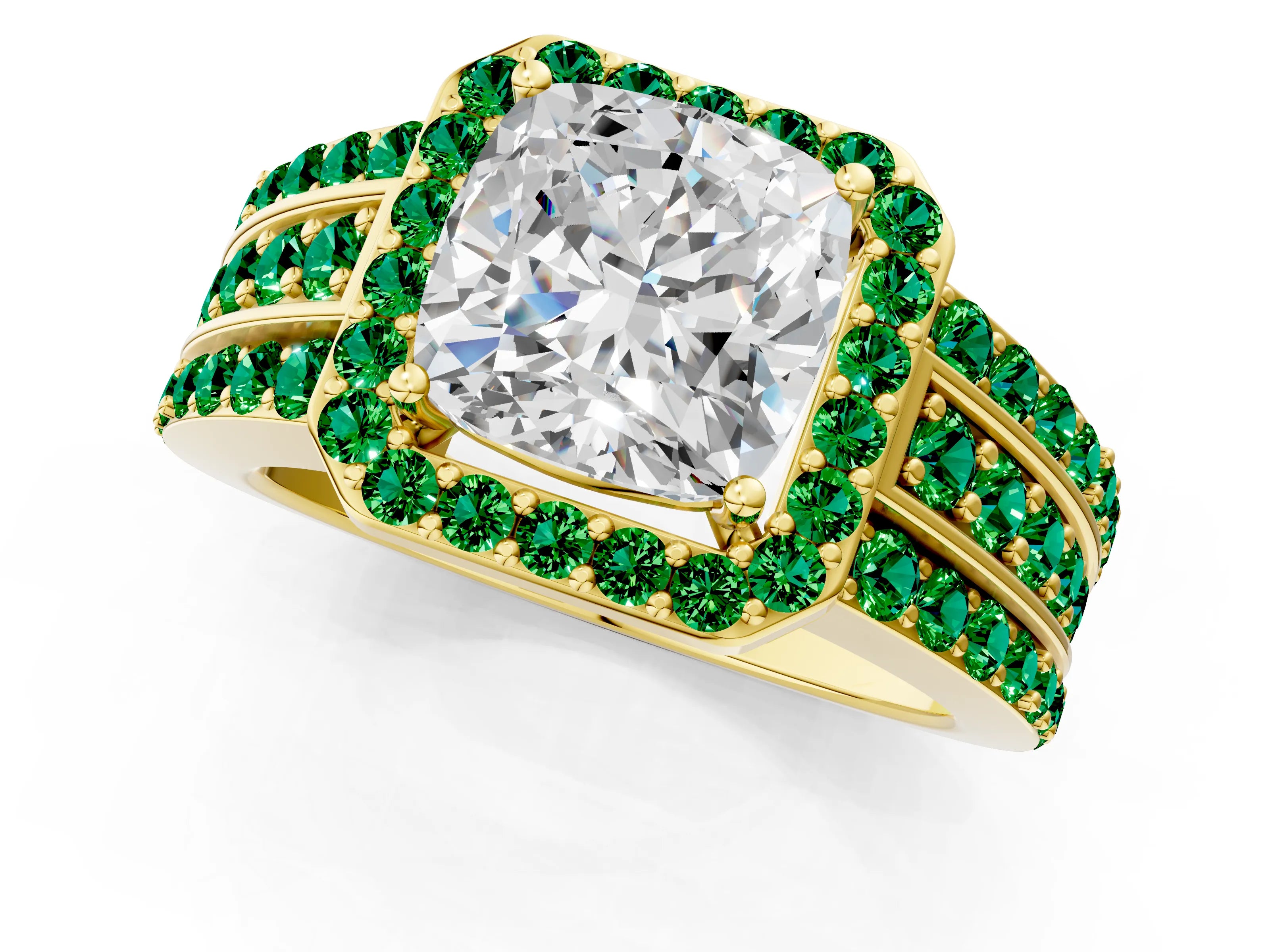 Yellow gold Cushion Cut Halo Diamond Ring with Round with Emerald side stone Split Shank and Prong Setting_1