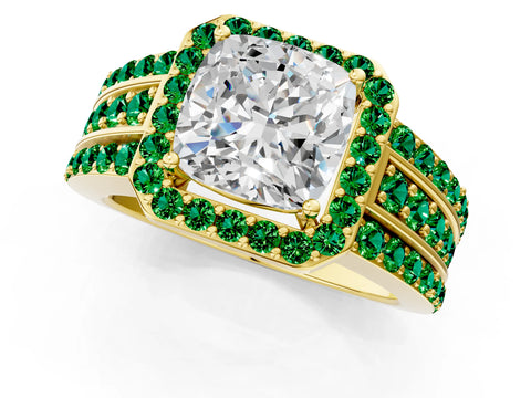 Yellow gold Cushion Cut Halo Diamond Ring with Round with Emerald side stone Split Shank and Prong Setting_1