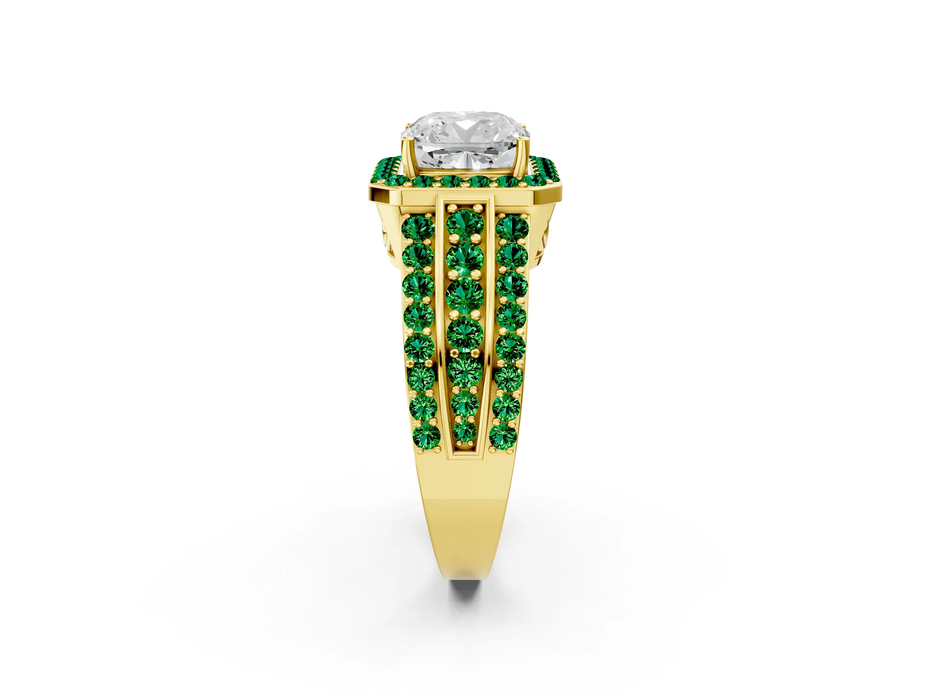 Yellow gold Cushion Cut Halo Diamond Ring with Round with Emerald side stone Split Shank and Prong Setting_2