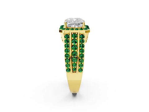 Yellow gold Cushion Cut Halo Diamond Ring with Round with Emerald side stone Split Shank and Prong Setting_2
