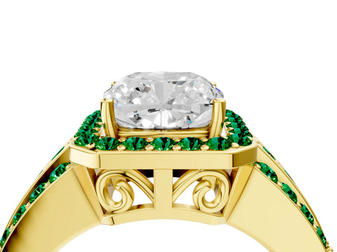 Yellow gold Cushion Cut Halo Diamond Ring with Round with Emerald side stone Split Shank and Prong Setting_4