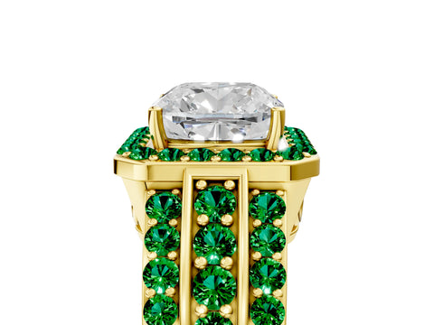Yellow gold Cushion Cut Halo Diamond Ring with Round with Emerald side stone Split Shank and Prong Setting_5