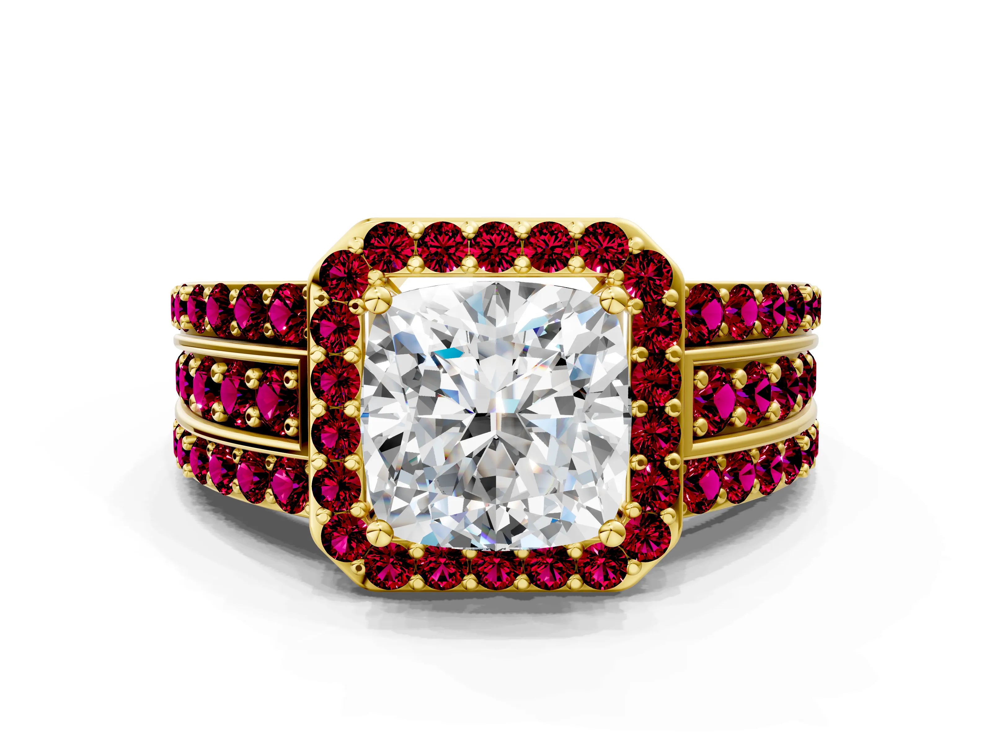 Yellow gold Cushion Cut Halo Diamond Ring with Round with Garnet side stone Split Shank and Prong Setting