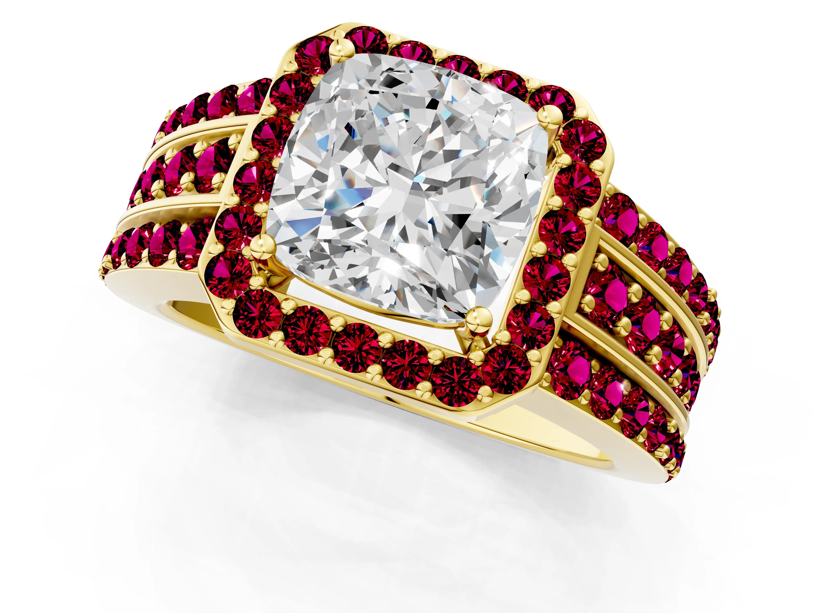 Yellow gold Cushion Cut Halo Diamond Ring with Round with Garnet side stone Split Shank and Prong Setting_1