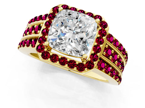 Yellow gold Cushion Cut Halo Diamond Ring with Round with Garnet side stone Split Shank and Prong Setting_1