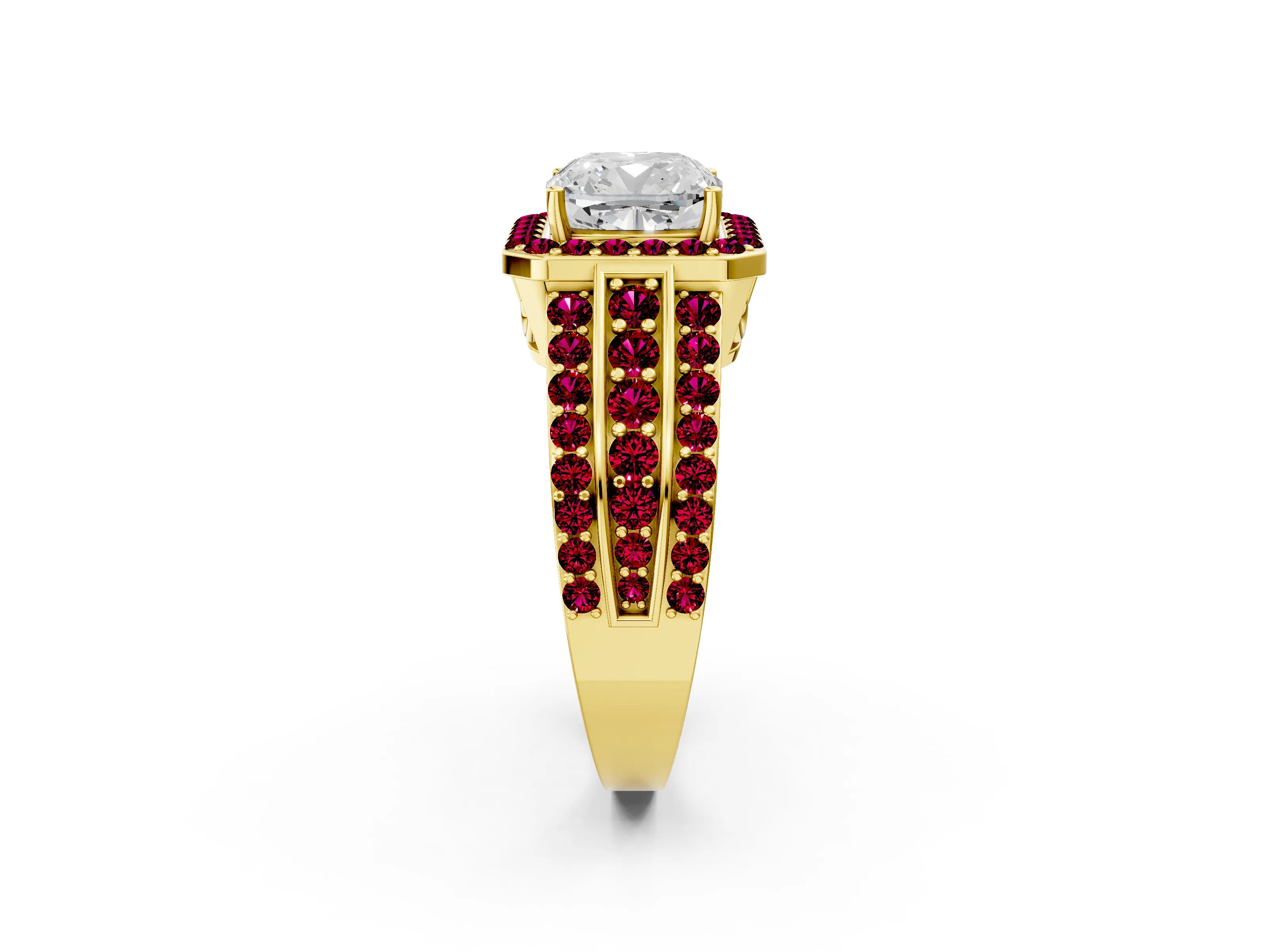 Yellow gold Cushion Cut Halo Diamond Ring with Round with Garnet side stone Split Shank and Prong Setting_2