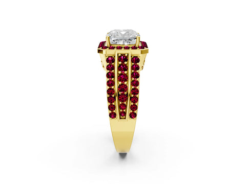 Yellow gold Cushion Cut Halo Diamond Ring with Round with Garnet side stone Split Shank and Prong Setting_2