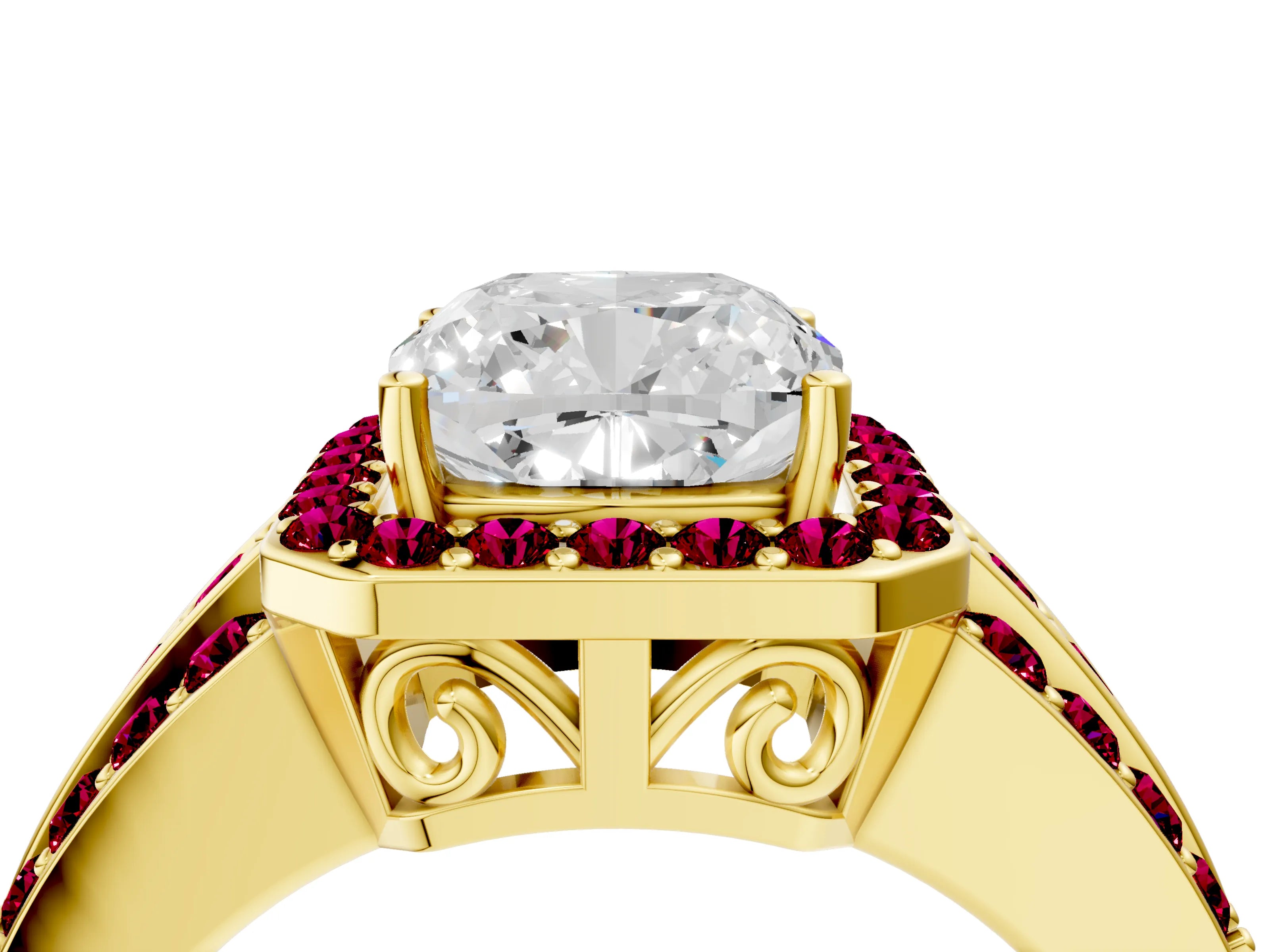 Yellow gold Cushion Cut Halo Diamond Ring with Round with Garnet side stone Split Shank and Prong Setting_4