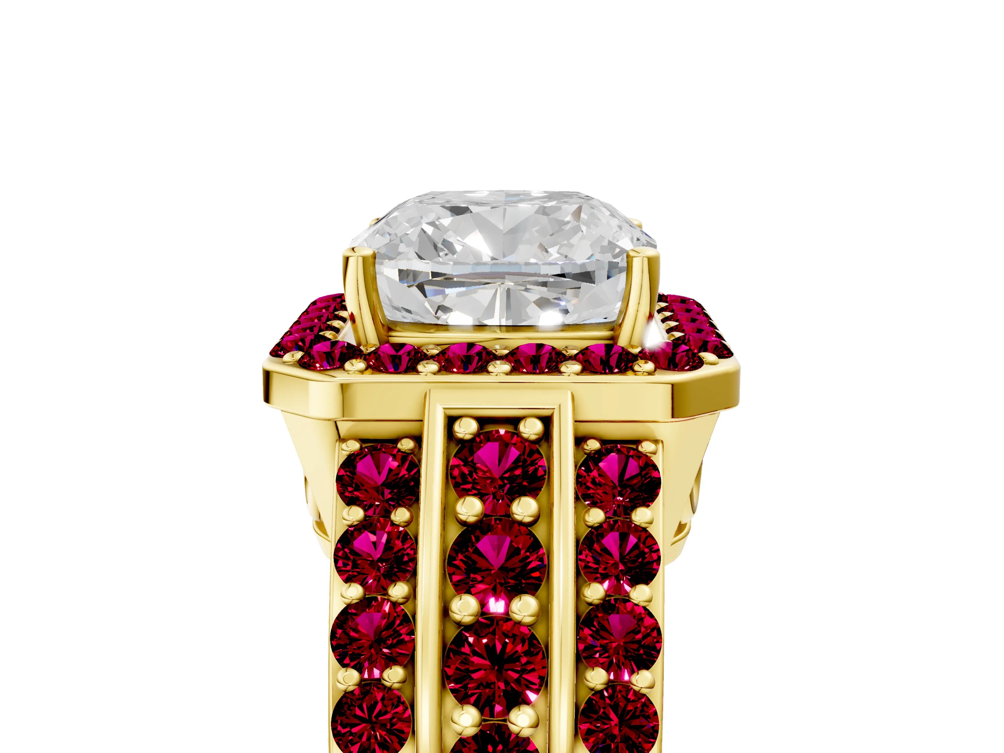Yellow gold Cushion Cut Halo Diamond Ring with Round with Garnet side stone Split Shank and Prong Setting_5
