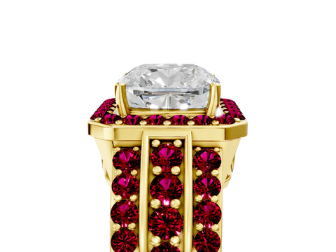 Yellow gold Cushion Cut Halo Diamond Ring with Round with Garnet side stone Split Shank and Prong Setting_5