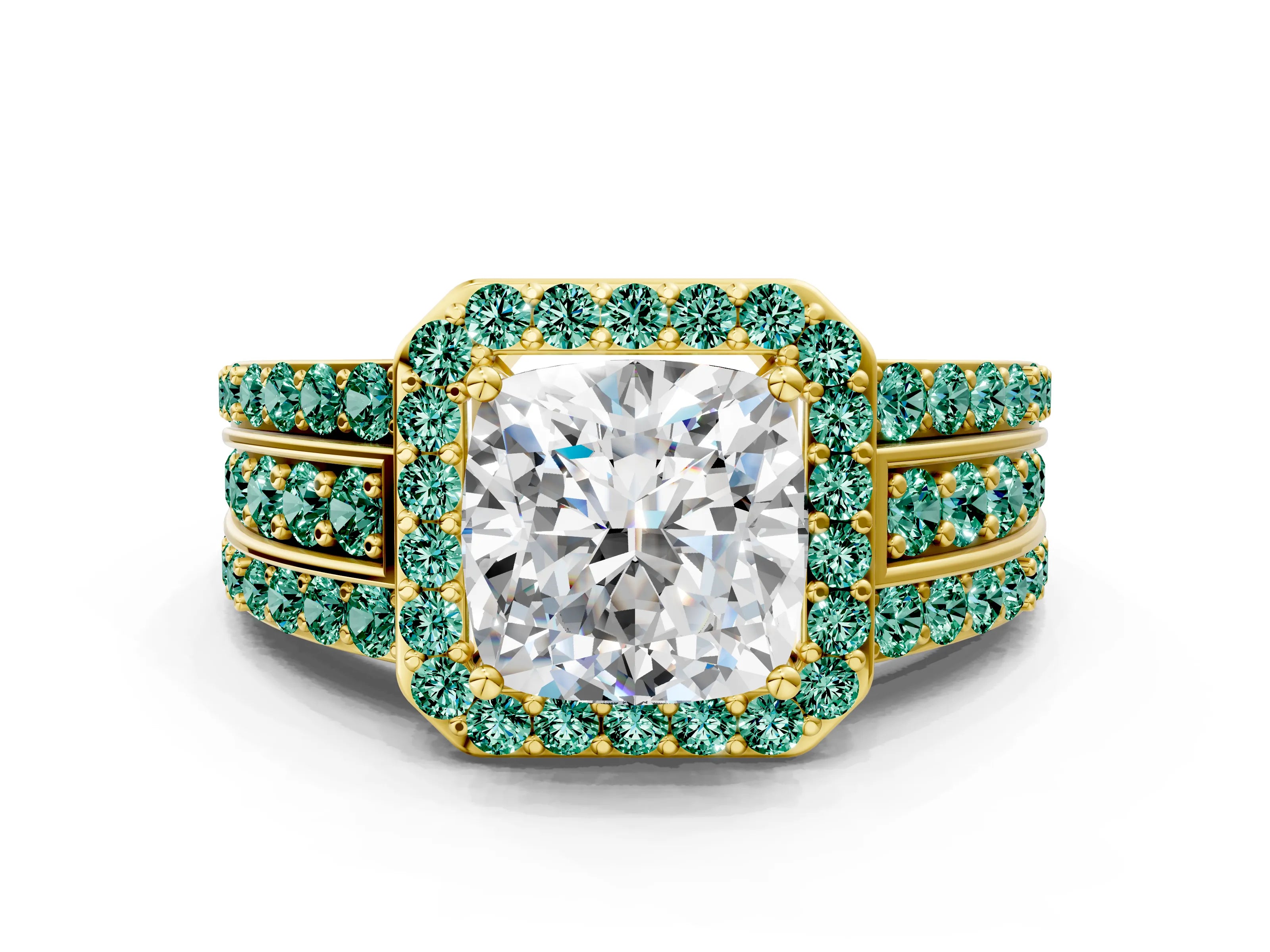 Yellow gold Cushion Cut Halo Diamond Ring with Round with Green Sapphire side stone Split Shank and Prong Setting