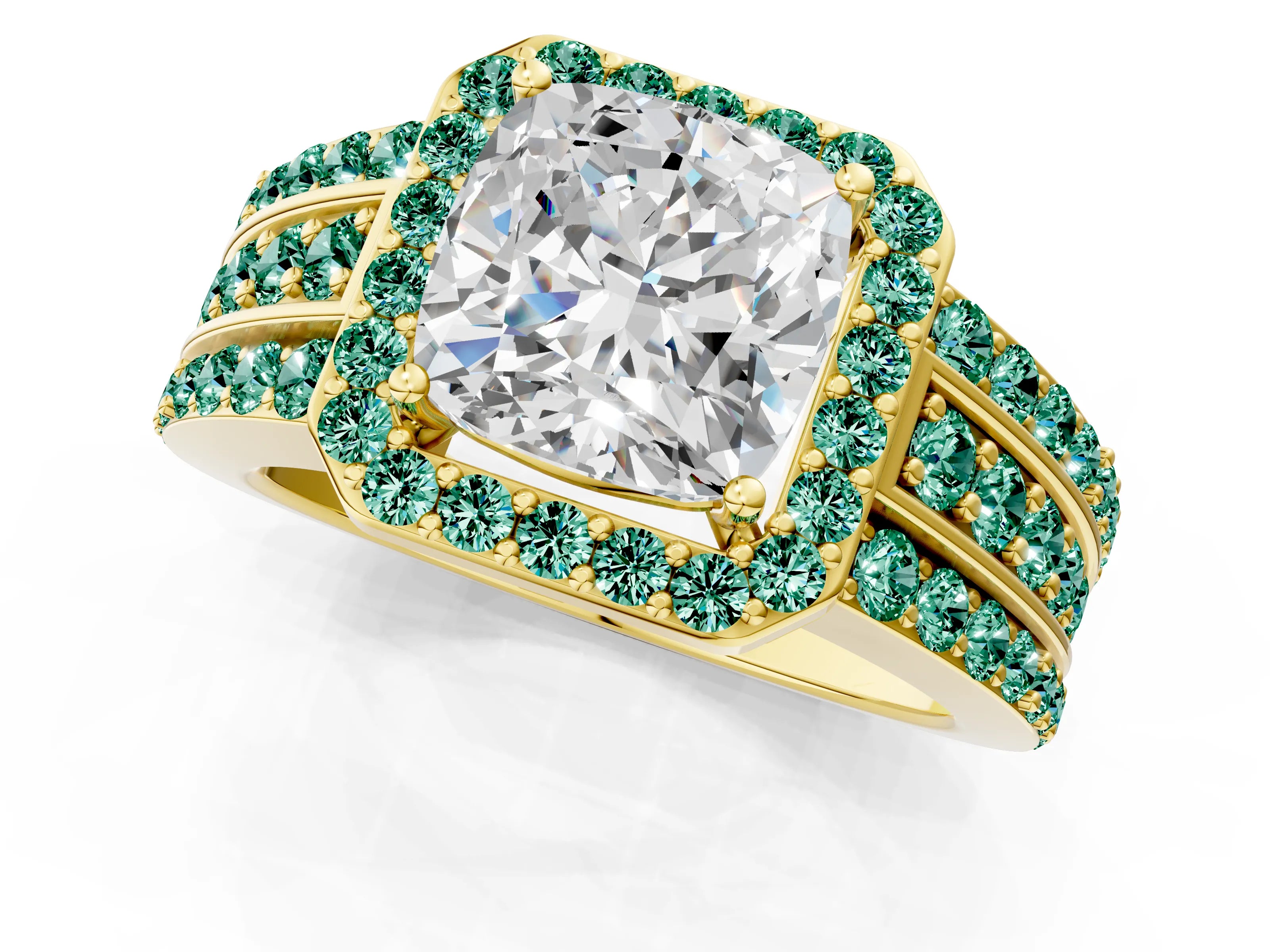 Yellow gold Cushion Cut Halo Diamond Ring with Round with Green Sapphire side stone Split Shank and Prong Setting_1
