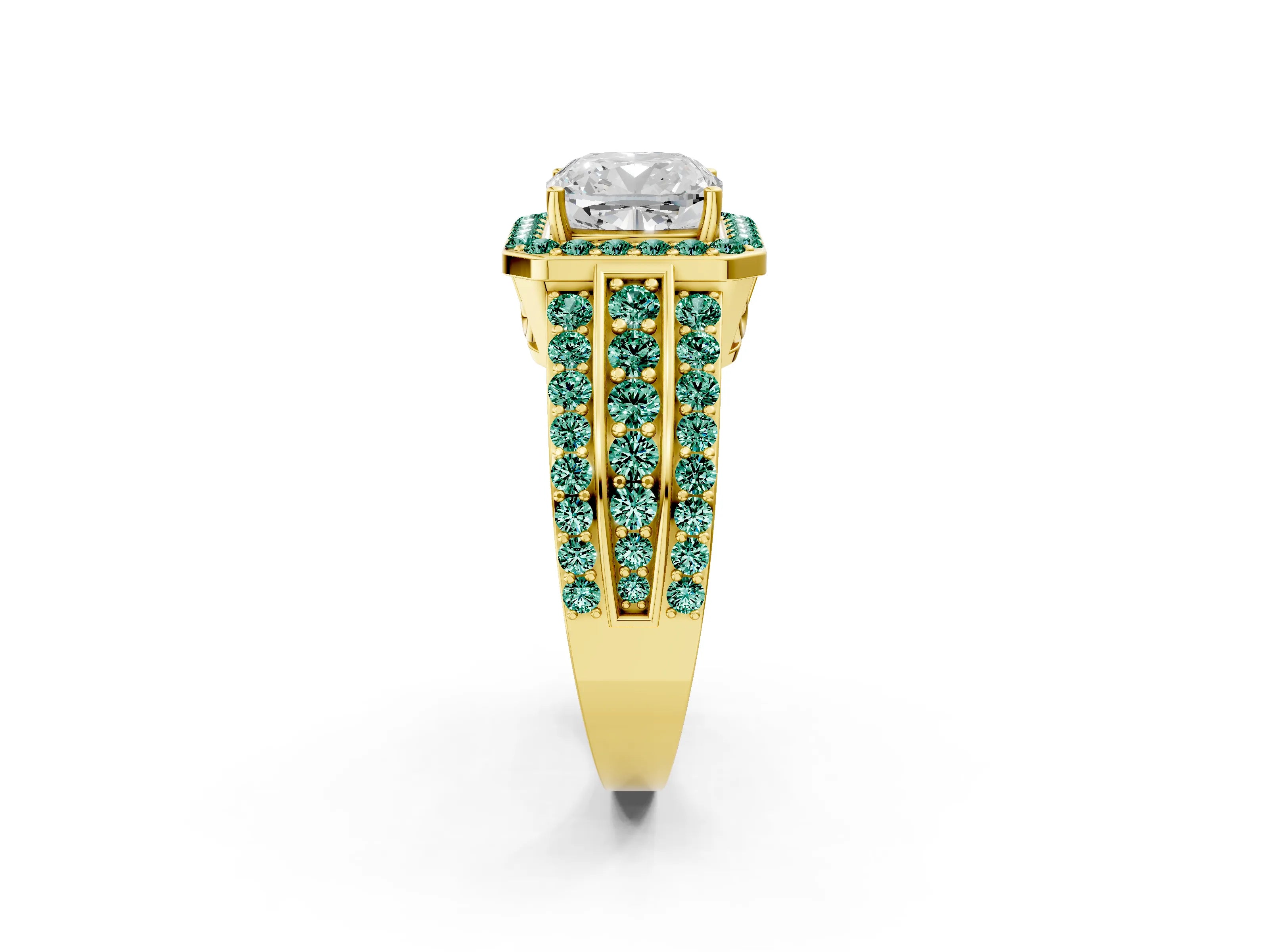Yellow gold Cushion Cut Halo Diamond Ring with Round with Green Sapphire side stone Split Shank and Prong Setting_2