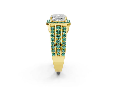 Yellow gold Cushion Cut Halo Diamond Ring with Round with Green Sapphire side stone Split Shank and Prong Setting_2