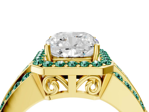 Yellow gold Cushion Cut Halo Diamond Ring with Round with Green Sapphire side stone Split Shank and Prong Setting_4